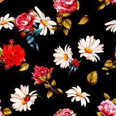 Seamless floral background pattern. Roses, camomile with leaves and buds on black. Watercolor. Hand drawn, vector - stock.