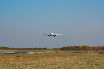 Fototapeta na wymiar KHABAROVSK, RUSSIA - SEP 29, 2018: Airbus A330-200 VP-BUB Nordwind Airlines lands at the airport of Khabarovsk.