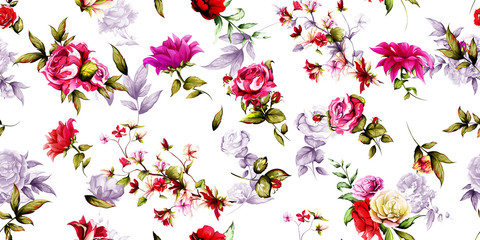 Wide seamless floral background pattern. Roses with rosemary and leaves. Pastel, hand drawn, vector - stock.