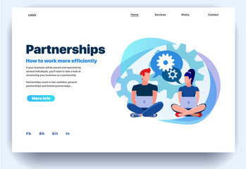 Web page flat design template for partnerships. Business landing page online how to work more efficiently. Modern vector illustration concept for website and mobile website development