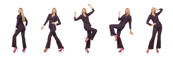 Pretty girl in purple retro suit isolated on white