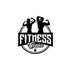 Fitness club designs with exercising athletic man and woman isolated on white, vector illustration