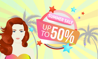 Summer sale design with girl and palm fot card, poster or banner