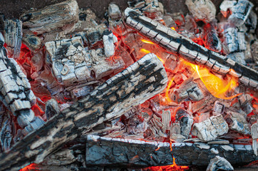 Top view on logs burning in metal oven