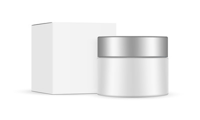 Cosmetic jar with metal cap and square box mockup, isolated on white background. Vector illustration