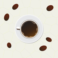 Cup of black coffee with foam seen from above. Realistic vector illustration of hot drink with saucer and beans around on tile table top view. Graphic use for background, banner, poster and web.