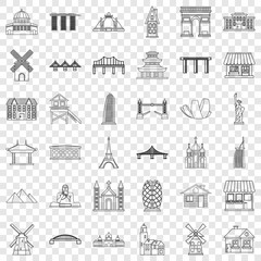 Tower icons set. Outline style of 36 tower vector icons for web for any design