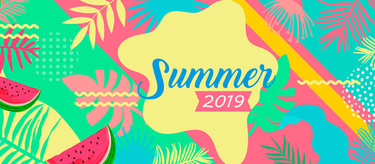 Summer card template, travel and holiday ads, colorful tropical poster design vector illustration. Advertising material with tropical jungle leaves and flowers 