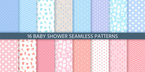 Baby pattern seamless. Baby girl and boy shower backgrounds. Vector. Set blue pink pastel patterns for invitation, invite templates, cards, birth party, scrapbook. Color illustration.