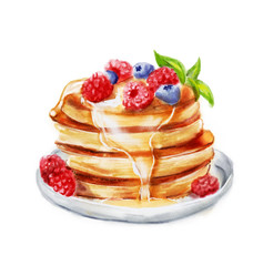 Watercolor pancakes with raspberries, blueberries and leaves of mint.