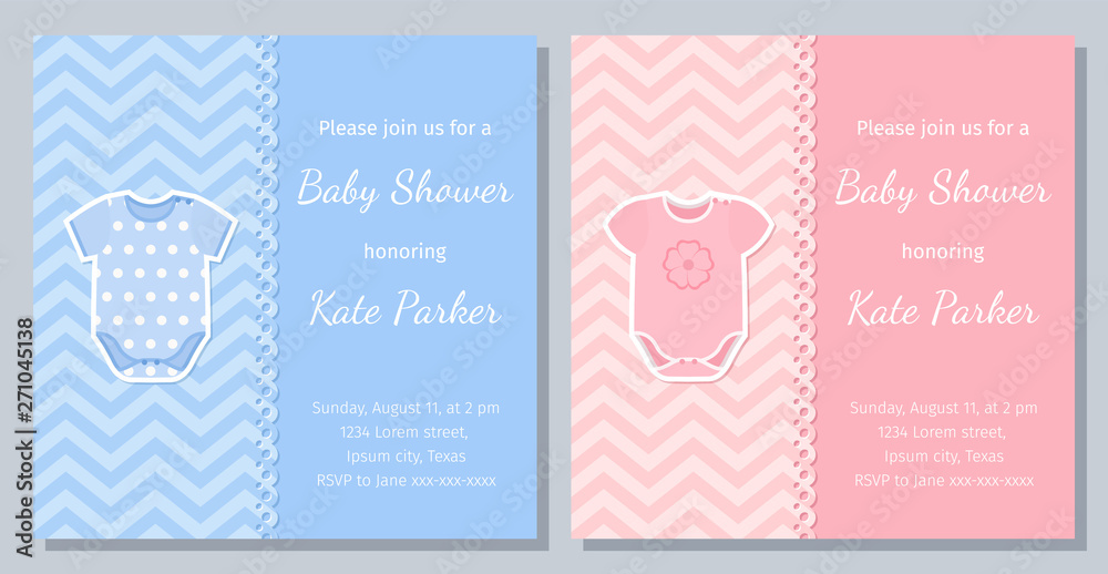 Wall mural baby shower card. vector. baby boy, girl invite. welcome template invitation banner. cute blue, pink