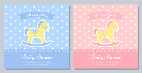 Baby Shower card. Vector. Baby invitation banner. Welcome boy, girl template invite. Birth party background with rocking horse. Happy greeting holiday poster. Blue pink design. Flat illustration