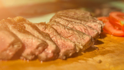 Sliced juicy beef steak, close up