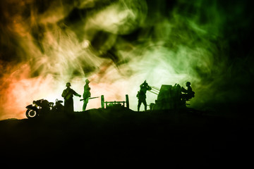 Plakat War Concept. Military silhouettes fighting scene on war fog sky background,