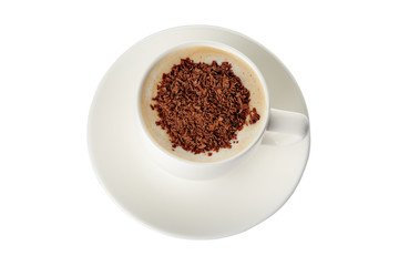 Coffee Cappuccino or Latte with chocolate isolated on white. Top view