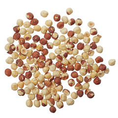 Purified roasted hazelnuts isolated on white background. Top view