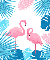 Pink flamingo. Leaves of palm, monstera, fern. Summer tropical poster.