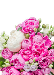 Obraz na płótnie Canvas Arrangement of flowers in a hat box. Bouquet of pink and white peonies, eustoma, spray rose in a pink box with an oasis isolated on a white background with copy space