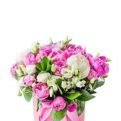 Naklejka na ściany i meble Arrangement of flowers in a hat box. Bouquet of pink and white peonies, eustoma, spray rose in a pink box with an oasis isolated on a white background with copy space