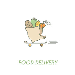 Vector logo for food delivery shop. Fast service. Crocery bag. Bread, carrot, cheese and juice.