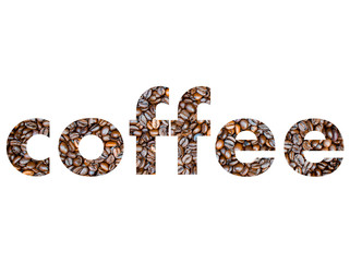 Title or logo created from coffee beans. Letters filled with roasted coffee beans on a white background.