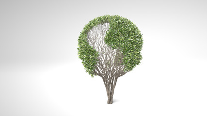 Growing tree, forming globe shape with leaves. 3D rendering.