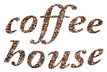 Coffee house advertising. Title, name or logo created from coffee beans. Letters filled with roasted coffee beans on a white background. 