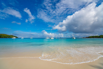 Beautiful sandy beach with  turquoise sea on Seychelles.