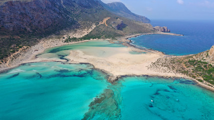 Aerial drone panoramic view of iconic azure turquoise Balos beach lagoon near Gramvousa island and pure white sand, North West Crete island, Greece