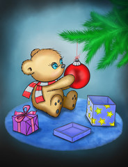 Cute bear playing with a christmas ball