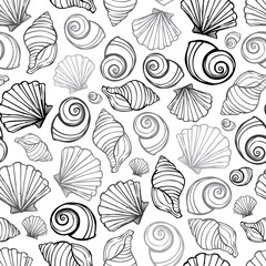 Vector black, white and grey seashells repeat pattern. Suitable for gift wrap, textile and wallpaper.