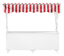 Wooden market stand stall with red white striped awning 