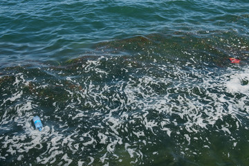 Naklejka premium Ecological catastrophy. Sea pollution by garbage. Plastic in the ocean. Plastic bags in the pond.