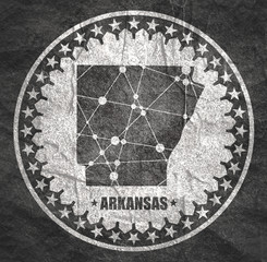 Image relative to USA travel. Arkansas state map textured by lines and dots pattern. Stamp in the shape of a circle
