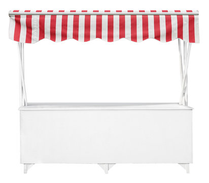 Wooden market stand stall with red white striped awning 