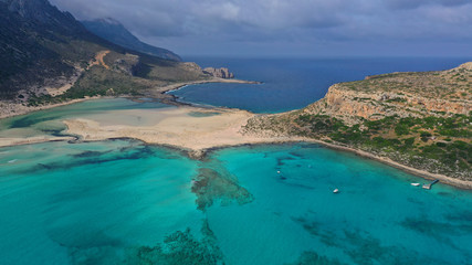 Aerial drone panoramic view of iconic azure turquoise Balos beach lagoon near Gramvousa island and pure white sand, North West Crete island, Greece