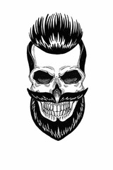 Monochrome illustration barbershop of skull with beard, mustache, hipster haircut and on white background, cartoon, angry, beautiful, brutal.