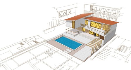 Fototapeta na wymiar house, architectural project, sketch, 3d illustration