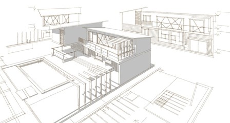 Fototapeta na wymiar house, architectural project, sketch, 3d illustration