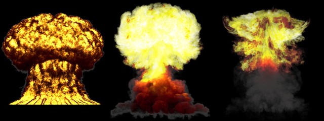 3D illustration of explosion - 3 huge very highly detailed different phases mushroom cloud explosion of hydrogen bomb with smoke and fire isolated on black