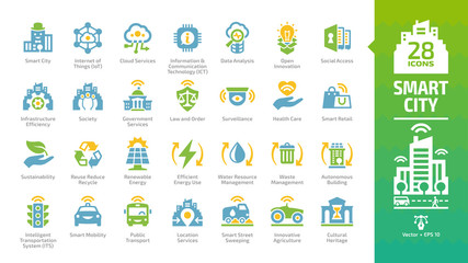 Smart city color icon set with infrastructure efficiency tech, future digital urban, autonomous building, information & communication technology ICT, data analysis and more glyph sign.