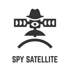 Spy or reconnaissance satellite icon with observant artificial spacecraft in a hat with a tracking eye in space above the earth glyph symbol.