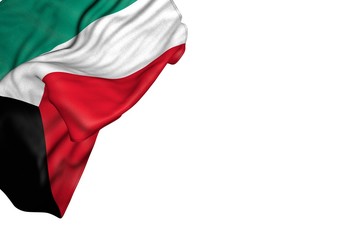 cute Kuwait flag with large folds lay in top left corner isolated on white - any holiday flag 3d illustration..