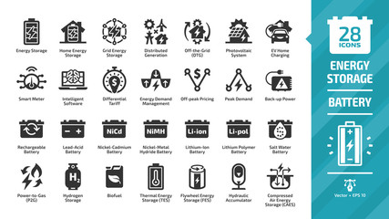 Energy storage icon set with distributed generation, solar panel system, off the grid, EV home charging, demand management, rechargeable battery and more glyph symbols.