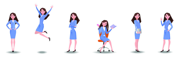 Fototapeta na wymiar Vector illustration in a flat style .Set of a young woman in casual office dress code clothes in different poses. A cartoon character for your project. 