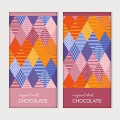 Chocolate bar packaging. Trendy template with patchwork pattern. Vector design.