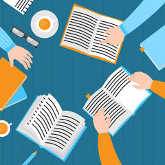 Book club. Education and reading. Flat Top view library table with hands. Meeting in cafe with tea