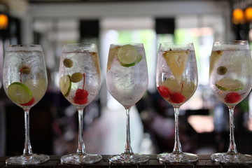 Gin tonic alcoholic drinks on counter bar