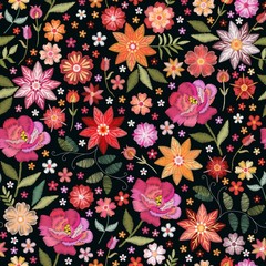 Embroidery seamless pattern with bright flowers on black background. Fashion design for fabric, textile, wrapping paper. Fancywork floral print.