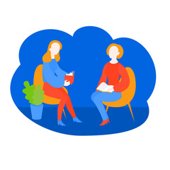 Woman Book club meeting. Reading girls. Cartoon People sit in a shop and read aloud